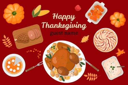Happy Thanksgiving Day with traditional food, pumpkins and fruits. Turkey, pumpkin pie, potatoes. Happy Thanksgiving holiday vector design template for posters, banners, invitations and greeting cardのイラスト素材