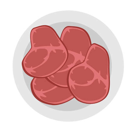 Steaks on a plate. Pieces of beef with veins. Dish for a holiday, party. Vector illusion on a white background.のイラスト素材