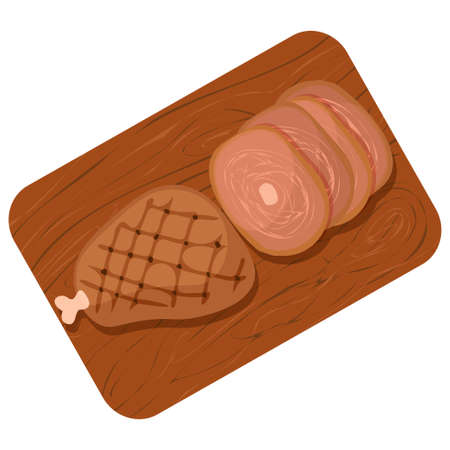 Baked pork shank. Pork pieces on the board. Dish for a holiday, party. Thanksgiving, Christmas. Vector illusion on a white background. Vector illustrationのイラスト素材