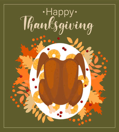 Happy Thanksgiving holiday vector design template for posters, banners, invitations and greeting cards. Happy Thanksgiving day. Vector template with turkey, lettering and autumn leaves.のイラスト素材