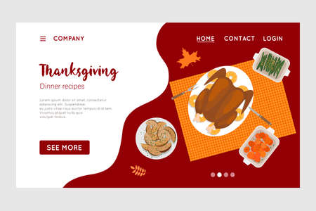 Happy Thanksgiving holiday vector design template for websites, posters, banners. Happy Thanksgiving with traditional food, turkey, pies, pumpkins and fruits. Vector website template. Vector illustrationのイラスト素材