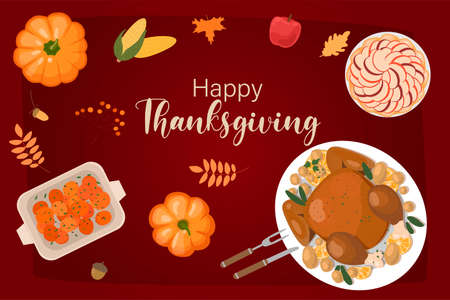 Happy Thanksgiving holiday vector design template for posters, banners, invitations and greeting card.Happy Thanksgiving Day with traditional food, pumpkins and fruits. Turkey, pumpkin pie, potatoesのイラスト素材