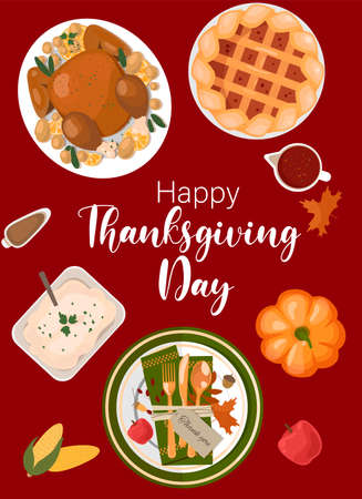 Happy Thanksgiving holiday vector design template for posters, banners, invitations and greeting card.Happy Thanksgiving Day with traditional food, pumpkins and fruits. Turkey, pumpkin pie, potatoesのイラスト素材