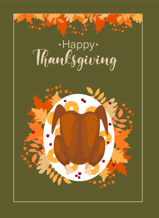 Happy Thanksgiving holiday vector design template for posters, banners, invitations and greeting cards. Happy Thanksgiving day. Vector template with turkey, lettering and autumn leaves.のイラスト素材