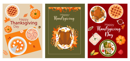 Happy Thanksgiving holiday vector design template set for posters, banners, invitations and greeting card.Happy Thanksgiving Day with traditional food, turkey, fruits, pumpkin pie, potatoes.のイラスト素材