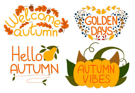 Vector autumn set of stickers and handwritten phrases.Collection of scrapbooking elements for harvest and fall. Isolated on white background. Vector illustrationのイラスト素材
