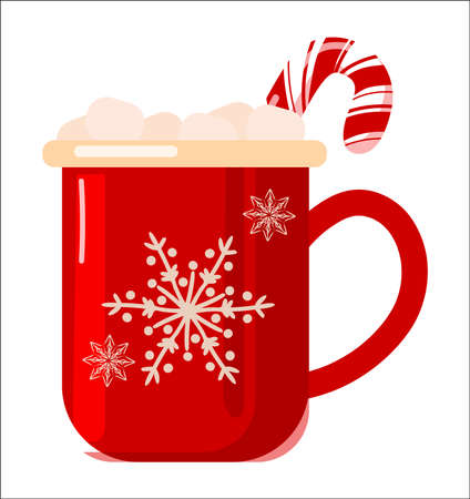 Bright cups with winter patterns. A cup with a warm winter drink, a sweet cane. Vector illustration isolated on white background. Vector illustrationのイラスト素材