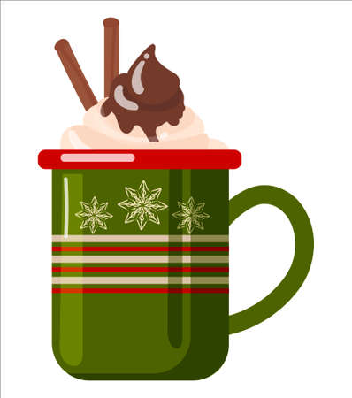 Bright cups with winter patterns. A cup of warm winter drink, cinnamon and chocolate. Vector illustration isolated on white background. Vector illustrationのイラスト素材