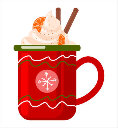 Bright cups with winter patterns. A cup of warm winter drink, cinnamon and orange. Vector illustration isolated on white background. Vector illustrationのイラスト素材