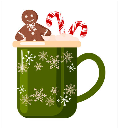 Bright cups with winter patterns. A cup of warm winter drink, sweet cane and gingerbread. Vector illustration isolated on white background. Vector illustrationのイラスト素材