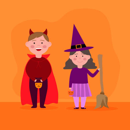 Happy Halloween. Children in fancy dress. The Witch and Dracula. wallet or life. trik or treat.Vector illustration. Vector illustrationのイラスト素材