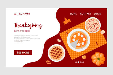 Happy Thanksgiving holiday vector design template for websites, posters, banners. Happy Thanksgiving with traditional food, turkey, pies, pumpkins and fruits. Vector website template.のイラスト素材