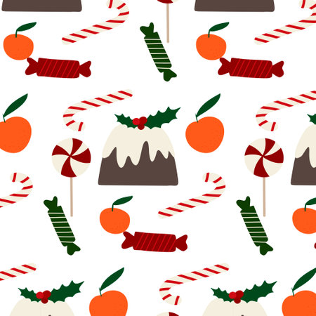 Christmas seamless pattern. Flat hand style vector elements. Lollipops, candy cane, Christmas cake, tangerines. Vector illustrationのイラスト素材