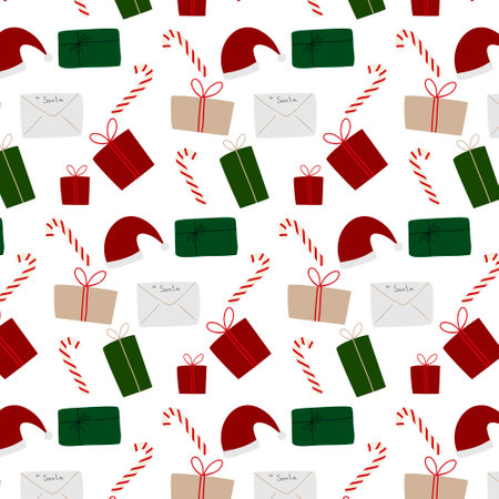 Christmas seamless pattern with gifts, candy cane and a letter for Santa. Flat hand style vector elements. Vector illustrationのイラスト素材