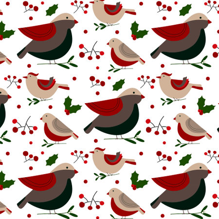 Christmas seamless pattern. Flat hand style vector elements. Different types of birds, twigs, berries, mistletoe, bullfinch. Vector illustrationのイラスト素材