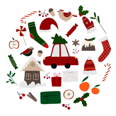 Christmas set of elements. Gifts, car, tree, birds, mistletoe, ostolist, candy cane, letter for Santa, mittens, socks, house. Flat hand style vector elements. Vector illustrationのイラスト素材