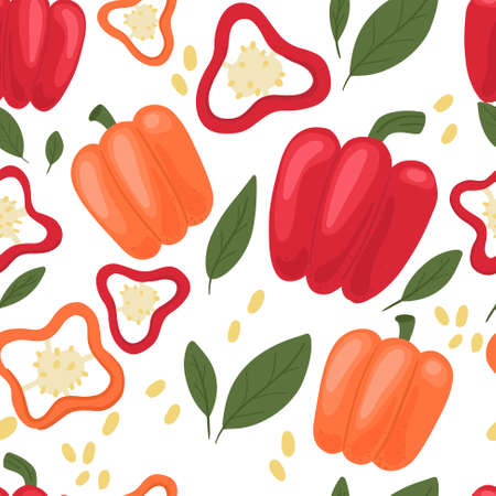 Seamless pattern with vegetables. Bright peppers of different colors and sizes, pieces and leaves. Pattern on a white background. For textiles, paper, packaging. Vector illustrationのイラスト素材