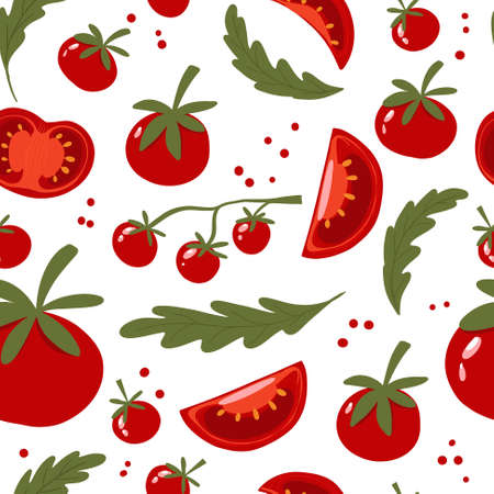 Seamless pattern with vegetables. Bright tomatoes of different colors and sizes, pieces and leaves. Pattern on a white background. For textiles, paper, packaging. Vector illustrationのイラスト素材