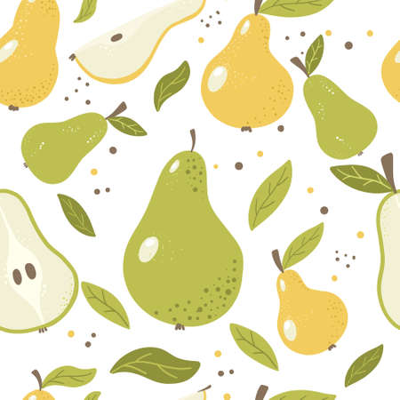 04Seamless pattern with fruit. Bright pears of different colors and sizes, pieces and leaves. Pattern on a white background. For textiles, paper, packaging.のイラスト素材