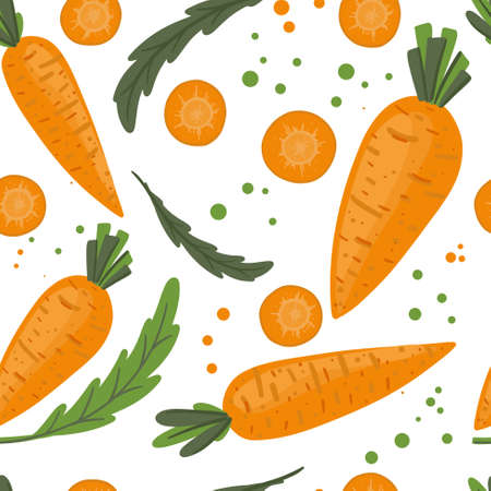 Seamless pattern with vegetables. Bright carrots of different colors and sizes, pieces and leaves. Pattern on a white background. For textiles, paper, packaging. Vector illustrationのイラスト素材
