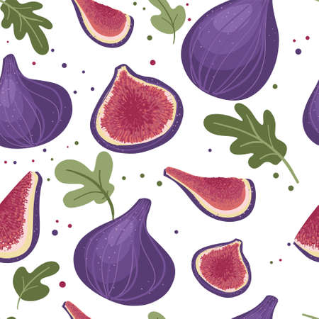 Seamless pattern with fruit. Bright figs of different colors and sizes, pieces and leaves. Pattern on a white background. For textiles, paper, packaging. Vector illustrationのイラスト素材