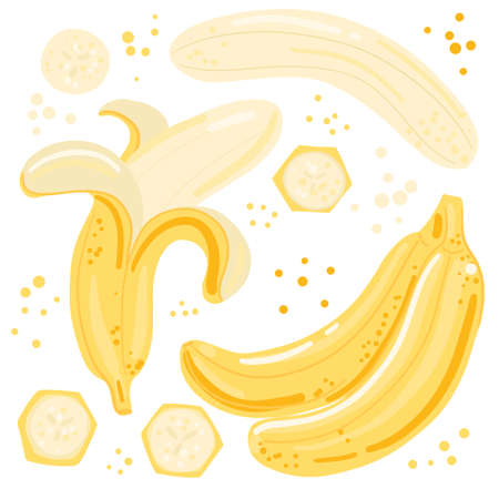 Collection of hand drawn bananas. Bundle of fresh delicious vegan diet vegetarian products, wholesome healthy food, cooking ingredients. Flat cartoon style on a white background. Vector illustrationのイラスト素材