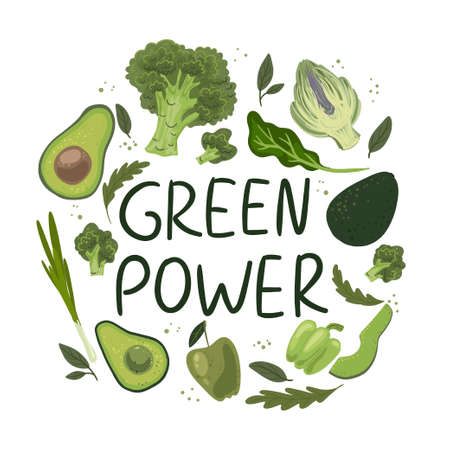 The inscription green power. A collection of different types of vegetables and fruits. Ingredients for cooking. Vegetarian print. Vector hand-drawn illustration. Frame with vegetables. Vector illustrationのイラスト素材