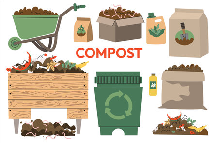 Recycle Organic Waste. Organic composting theme. Garden tools, bag of compost, ground, food garbage. organic fertilizer, compost bin and box, agronomy. wheelbarrow and worms. Vector illustrationのイラスト素材
