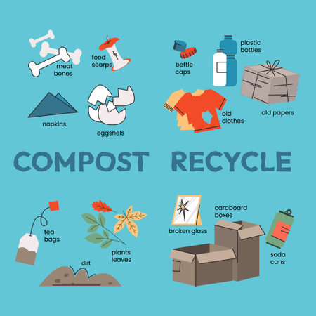 Compost and recycle. products that are suitable for compost and recycle Recycling food waste. Composting food waste. Vector illustration. Vector illustrationのイラスト素材