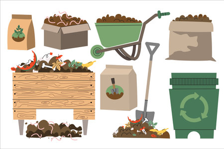 Recycle Organic Waste. Organic composting theme. Garden tools, bag of compost, ground, food garbage. organic fertilizer, compost bin and box, agronomy. wheelbarrow and worms. Vector illustrationのイラスト素材