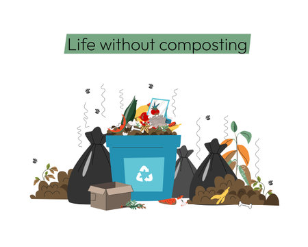Life Without Composting Vector Illustration Waste Overflow, Environmental Pollution, Organic Trash Mismanagement, Zero Waste Awareness Campaign. Vector illustrationのイラスト素材