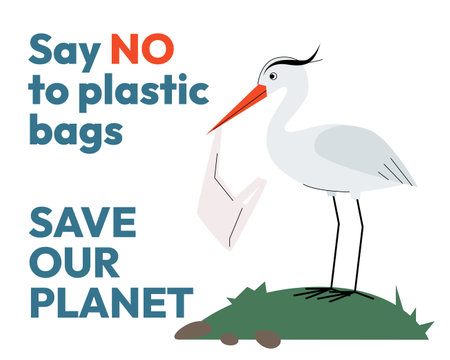 Say No to Plastic Bags Vector Illustration Heron Holding Plastic Waste, Environmental Awareness, Save Our Planet, Eco Friendly Campaign Design. Vector illustrationのイラスト素材