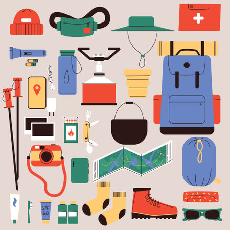 Hiking and Camping Gear Flat Vector Illustration Backpack, Boots, Tent, Map, Outdoor Essentials, Survival Kit, and Travel Equipment for Adventure and Trekking. Vector illustrationのイラスト素材