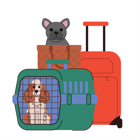 Pet Travel Essentials Cute French Bulldog in a Stylish Bag and American Cocker Spaniel in a Secure Pet Carrier with Suitcases PetFriendly Air Travel Concept, Flat Minimalist . Vector illustrationのイラスト素材