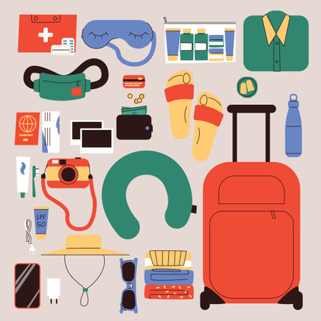 Travel Packing Essentials Flat Vector Illustration Suitcase, Neck Pillow, Toiletries, Passport, Camera, Clothing, and Accessories for Vacation or Business Trip. Vector illustrationのイラスト素材