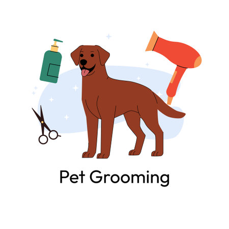 Labrador Retriever grooming. A happy brown Labrador stands surrounded by grooming tools like scissors, shampoo, and a hairdryer. Clean and modern design, perfect for pet salons. Vector illustrationのイラスト素材