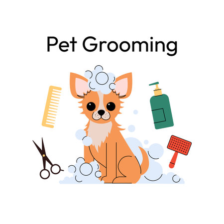 Cute Chihuahua dog during a bath. The small pup is covered in soap bubbles, surrounded by grooming tools like scissors, shampoo, and a brush. Perfect for pet care designs. Vector illustrationのイラスト素材
