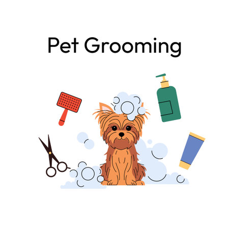 Shiba Inu dog during grooming. The playful pup sits covered in soap bubbles, surrounded by scissors, shampoo, and a brush. Clean and modern design, perfect for pet care. Vector illustrationのイラスト素材
