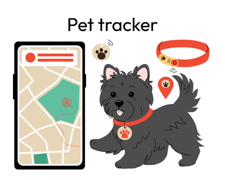 pet tracking system featuring a dog wearing a smart GPS collar, a tracking app on a smartphone, and location icons. safety and modern technology, ideal for GPS pet trackers and smart pet accessories. Vector illustrationのイラスト素材