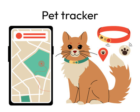 pet tracking system featuring a fluffy cat wearing a smart collar, a GPS tracking app on a smartphone, and location icons. pet safety solutions, ideal for GPS pet trackers and smart pet accessories. Vector illustrationのイラスト素材