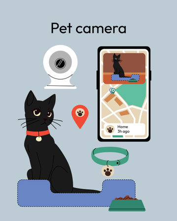 pet camera system a smart collar, and a surveillance camera. The design highlights modern pet monitoring solutions, smart pet cameras and home security for pets. Vector illustrationのイラスト素材