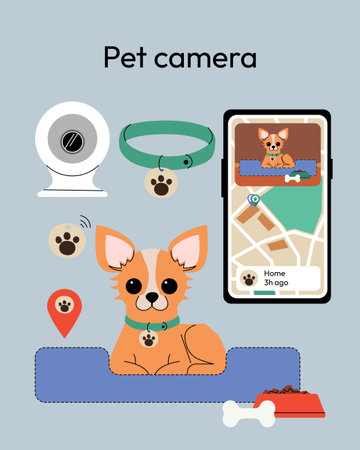 pet camera system featuring a Chihuahua resting in a pet bed, a smartphone displaying a live pet feed, a smart collar, and a surveillance camera. The design highlights modern pet monitoring solutions. Vector illustrationのイラスト素材