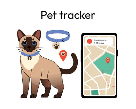 pet tracking system featuring a Siamese cat wearing a GPS collar, a smartphone displaying a location-tracking app, and a map marker modern pet safety solutions, GPS pet trackers and smart accessories. Vector illustrationのイラスト素材