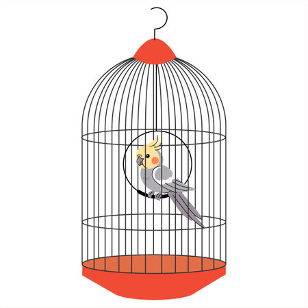 Illustration of a cockatiel sitting inside a birdcage with a perch. Concept for pet bird care, indoor bird housing, and avian companionship. Vector illustrationのイラスト素材