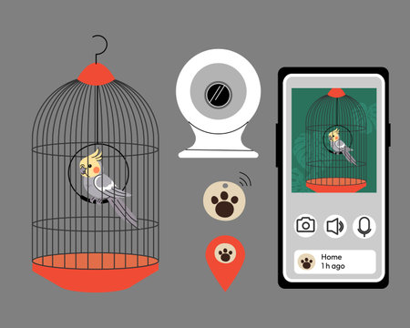 Illustration of a smart pet monitoring system with a bird in a cage, a webcam, and a smartphone showing live video and tracking features. Concept for remote pet surveillance and care. Vector illustrationのイラスト素材