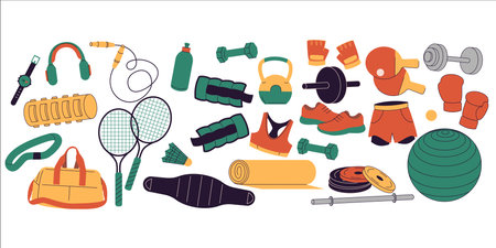 Colorful illustration of fitness and sports gear including dumbbells, rackets, boxing gloves, shoes, yoga mat, gym bag, and more. Ideal for healthy lifestyle and workout-themed designs. Vector illustrationのイラスト素材