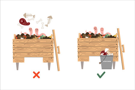 Educational composting illustration showing what not to add meat and bones left, with sad worms, versus correct composting with only plant based waste right, with happy worms. Great for eco guides. Vector illustrationのイラスト素材