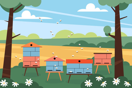 Illustration of a peaceful apiary with colorful beehives in a meadow surrounded by trees, flowers, and flying bees. Concept for beekeeping, pollination, and supporting a healthy ecosystem. Vector illustrationのイラスト素材