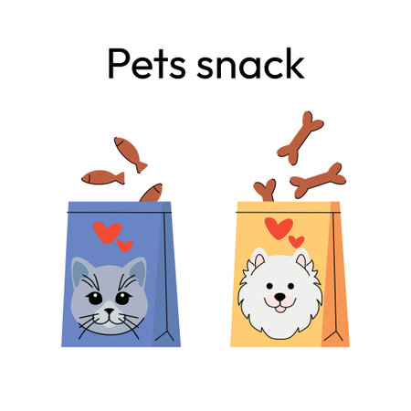 Cute flat illustration of pet snacks packaging. One blue bag with fish treats for cats, and one yellow bag with bone treats for dogs. Perfect for pet food, animal care, and veterinary themes. Vector illustrationのイラスト素材