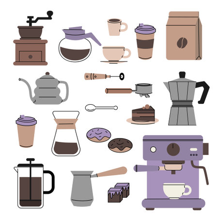 Flat illustration set of coffee making essentials grinder, espresso machine, moka pot, French press, pour over gear, cups, beans, sweets, and accessories. Great for coffee shop, barista, or cafe themes. Vector illustrationのイラスト素材